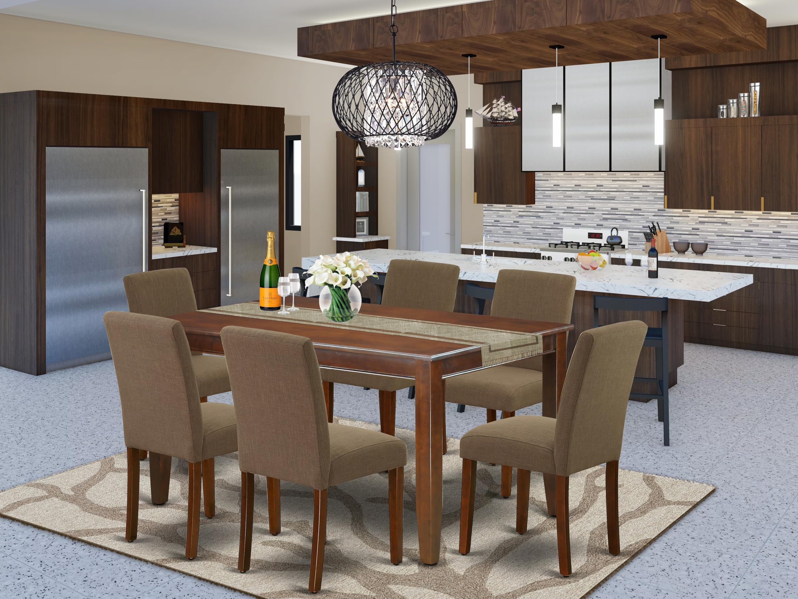 East West Furniture Duab7-Mah-18 7 Piece Dining Room Table Set Consist Of A Rectangle Kitchen Table And 6 Coffee Linen Fabric Parson Dining Chairs, 36X60 Inch, Mahogany
